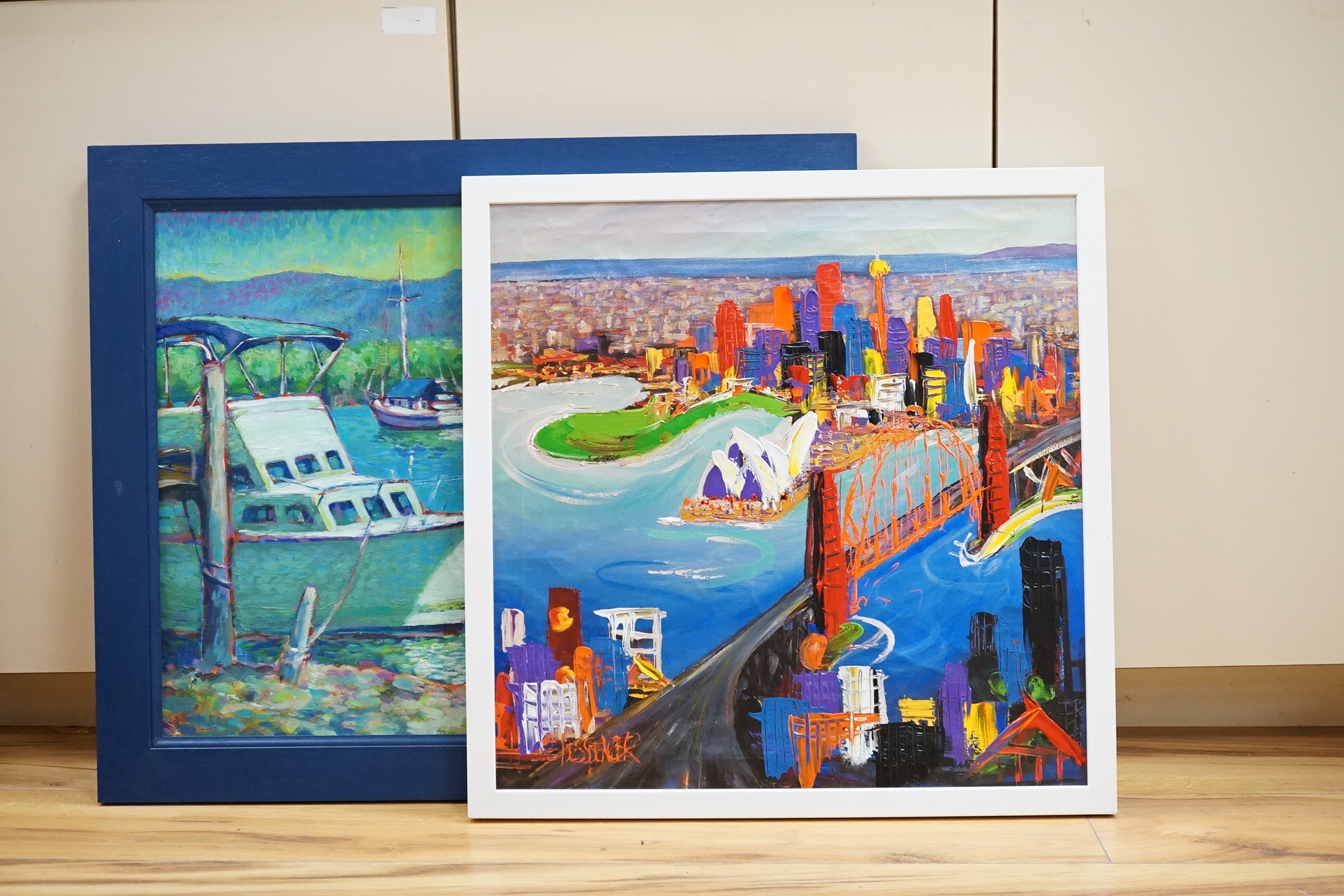 Des Spencer (Australian b.1963), overpainted and embellished giclee print on canvas, Sydney Opera House, together with Edwards, Moored boats in creek, signed and dated 2001, largest 48 x 59cm. Condition - good